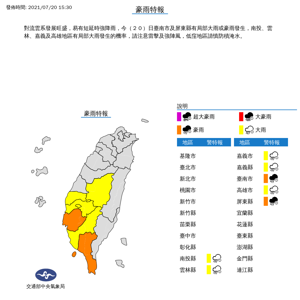 氣象局對7縣市發布豪雨、大雨特報。 圖：中央氣象局／提供