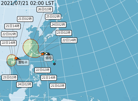中度颱風「烟花」今天凌晨2時的中心位置，在台北東方680公里海面上，雖然路徑預測北修，仍可能擦邊北台灣而過。 圖：中央氣象局/提供