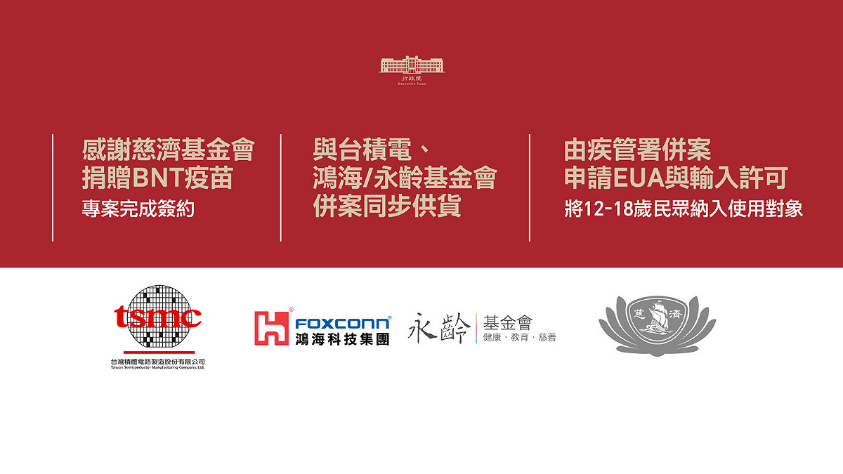 行政院今（21）天特別製作兩個背板向3個捐贈單位表達感謝。 圖：行政院提供