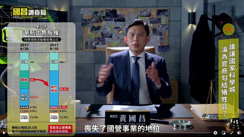 黃國昌揭露原泛公股公司「科學城物流」 被中資企業掌握，要求國策顧問秦嘉鴻出面交代。 圖：翻攝國昌調查局影片