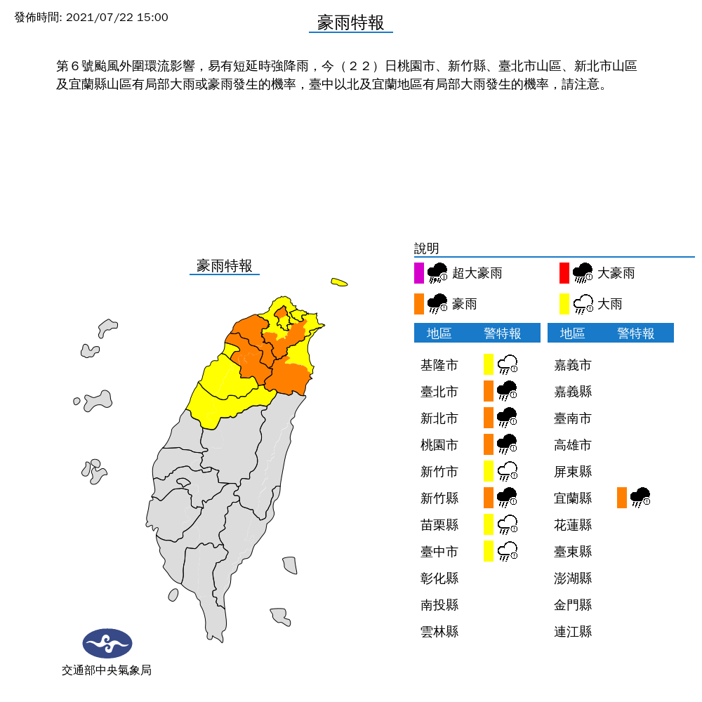 受到颱風外圍環流影響，氣象局持續對9縣市發布豪雨、大雨特報。 圖：中央氣象局/提供