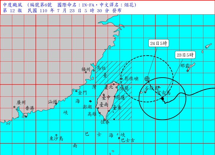 烟花颱風上午5時約在台北東南東方440公里海面上，以每小時8轉12公里速度，向西北轉北北西進行。 圖：中央氣象局/提供