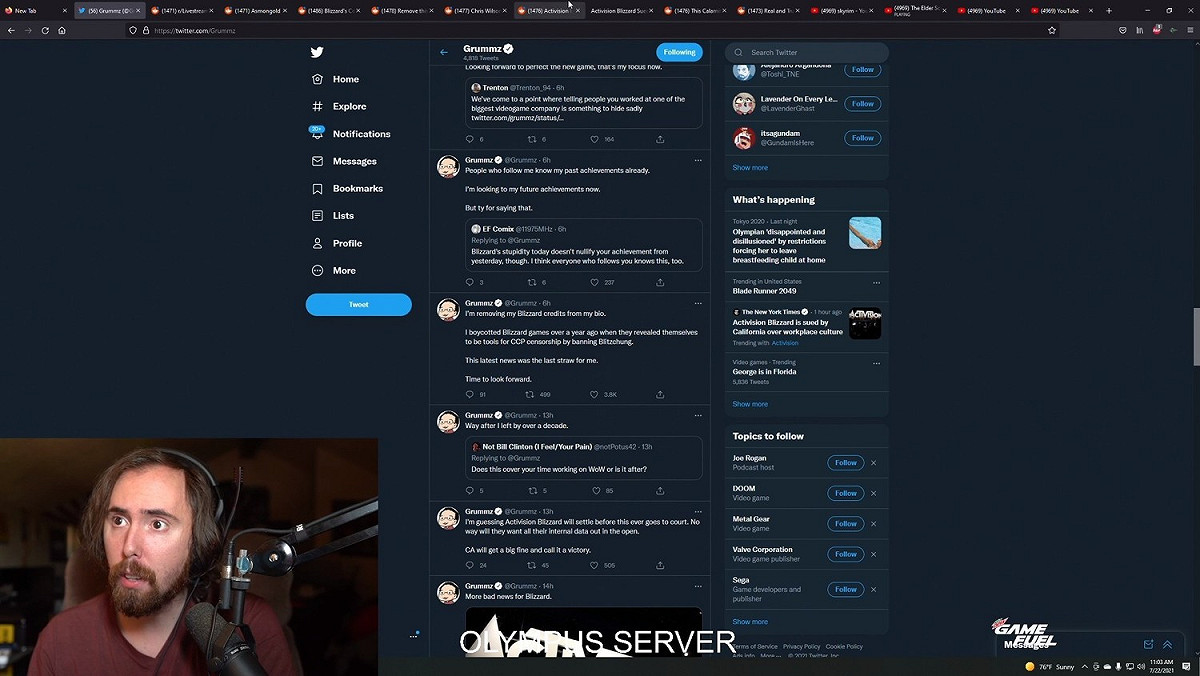 Asmongold昨日開台詳讀了《彭博社》對於動視暴雪事件的報導，過程中無數次地搖頭，並直言：「這絕對是最糟糕的事。」 圖：翻攝自Twitch