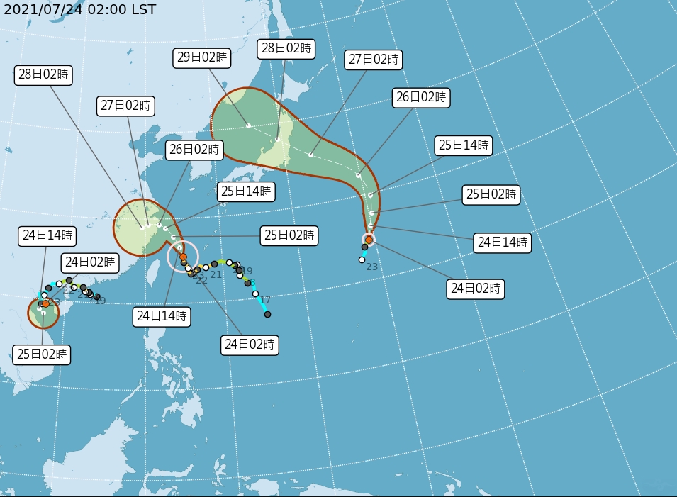 太平洋2颱1熱低壓共舞。 圖/中央氣象局