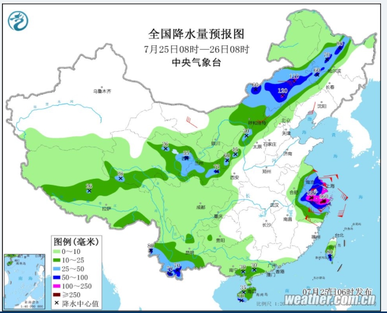 中國中央氣象台今天發布暴雨橙色預警，7月25日上午8時至26日上午8時，浙江中北部、上海、江蘇南部、安徽南部、內蒙古中部、吉林西部、黑龍江西部、海南島西南部、雲南南部以及青海東北部、甘肅東部、陜西北部、山西北部、河北北部等地的部分地區有大雨或暴雨。 圖/中國中央氣象台