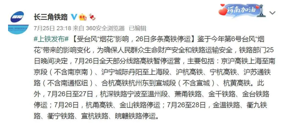中國鐵路上海局集團有限公司官方微博長三角鐵路發布通知，為確保人民群眾生命財產安全和鐵路運輸安全，鐵路部門決定，今日全天部分線路高鐵暫停運營，主要包括京滬高鐵上海至南京段、滬寧城際丹陽至上海段、滬杭高鐵等。 圖：翻攝自長三角鐵路微博