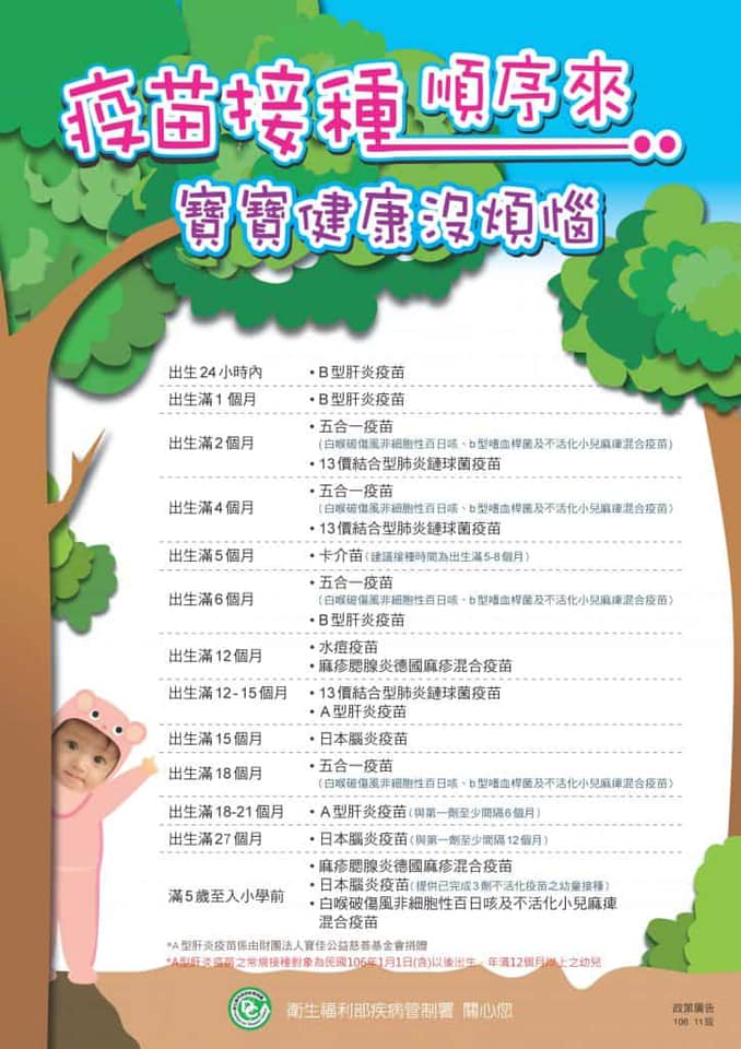 台灣嬰兒出生後至少有20種公費疫苗可以打。 圖：翻攝自林靜儀臉書