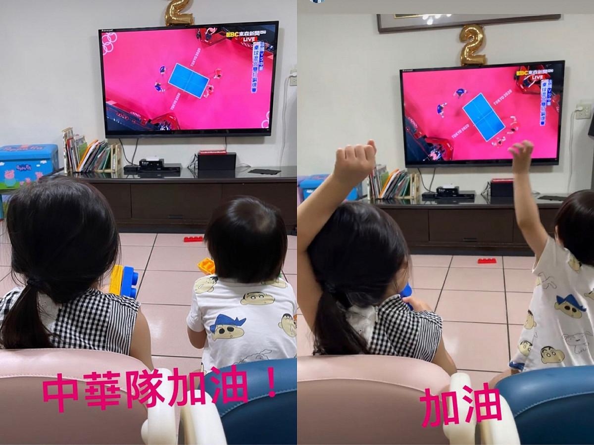 江宏傑與兒女一起看東奧轉播。 圖：翻攝自IG