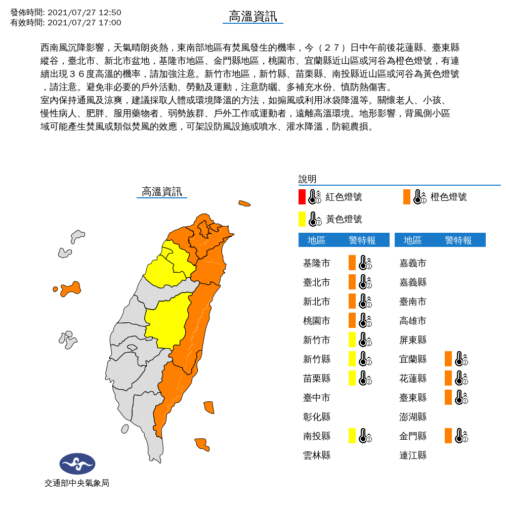 由於天氣炎熱，氣象局對12縣市發布高溫特報。 圖：中央氣象局／提供