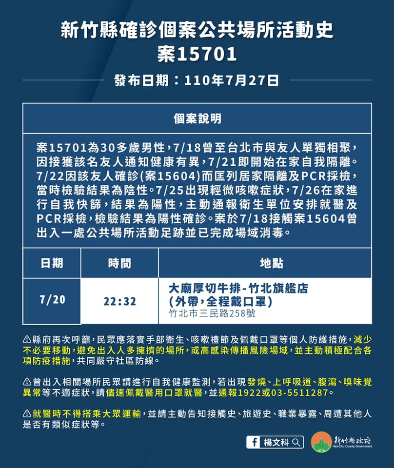 今天本土新增16例，其中新竹縣新增1例，為30多歲的竹北市男性患者、案號15701。 圖：擷取自楊文科臉書