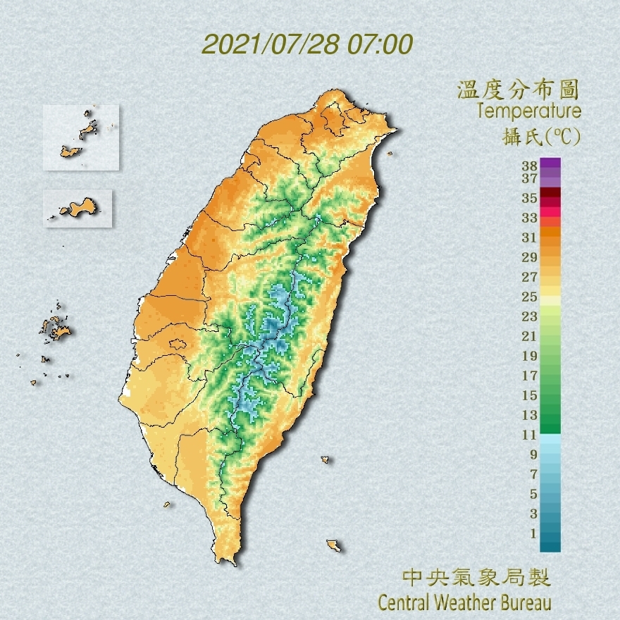 今天上午7時，包括台北市天母、社子，分別測得攝氏31.7度、31.3度高溫，而台東、苗栗、台中與新北市等地，也都測到31度以上高溫，白天將更熱。 圖：中央氣象局/提供