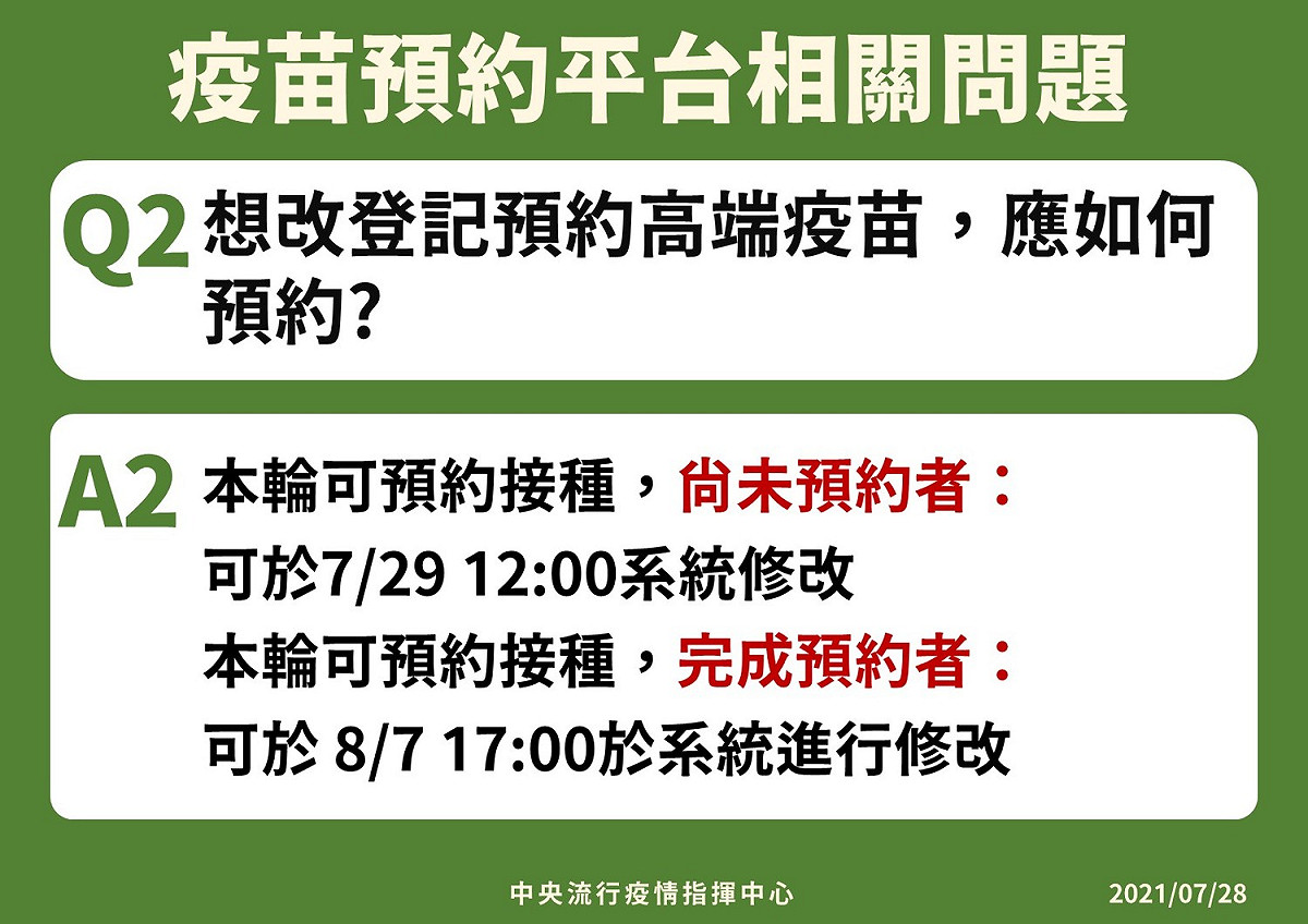 指揮中心開放民眾登記接種高端疫苗，修改方式比照辦理。 圖：中央流行疫情指揮中心/提供