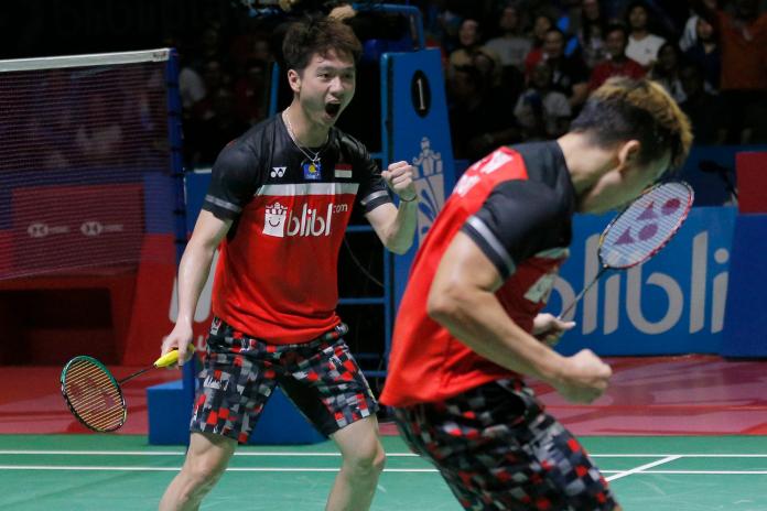 世界第一男雙組合Kevin Sanjaya Sukamuljo/Marcus Fernando Gideon。 圖／美聯社／達志影像