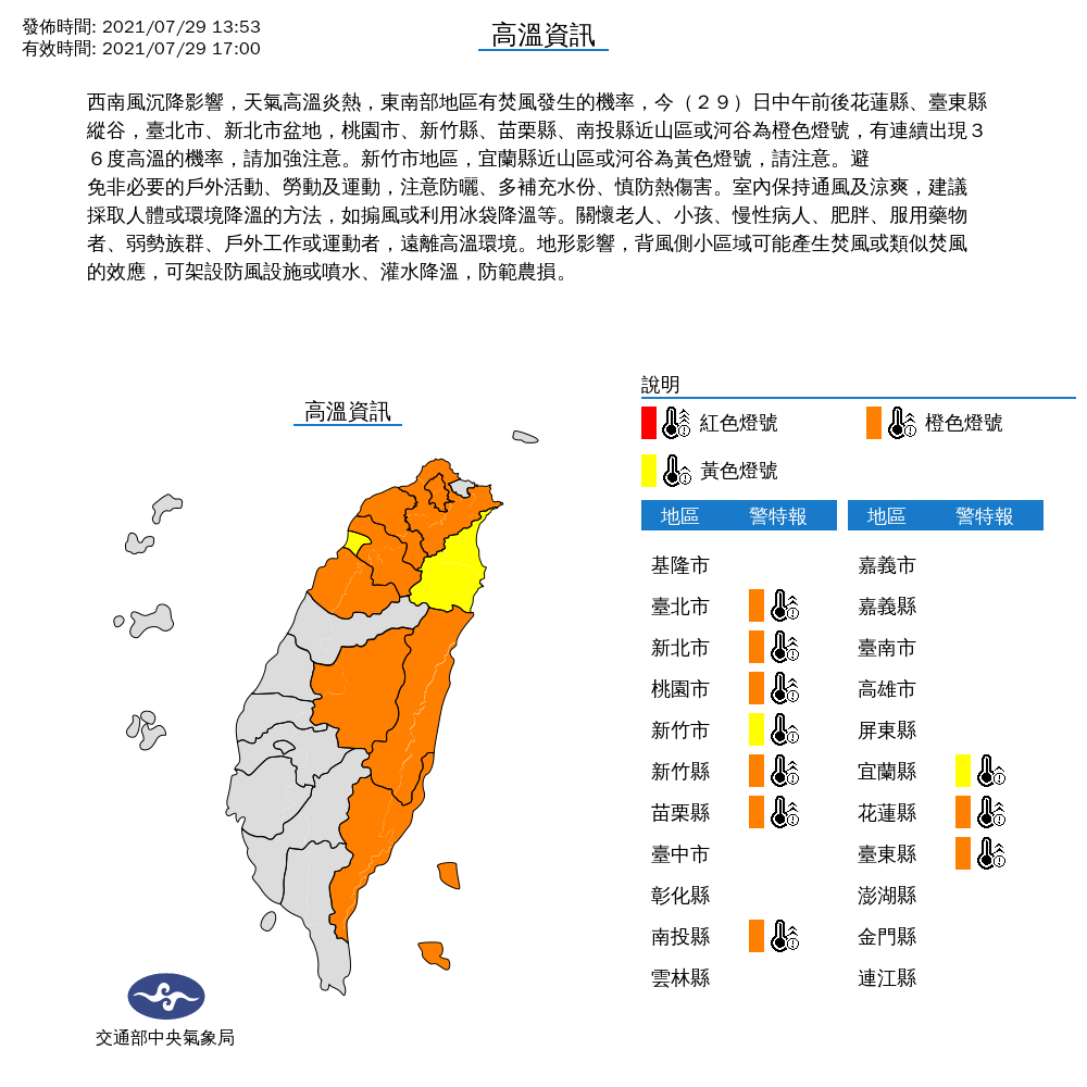 氣象局對10縣市發布高溫特報。 圖：中央氣象局／提供