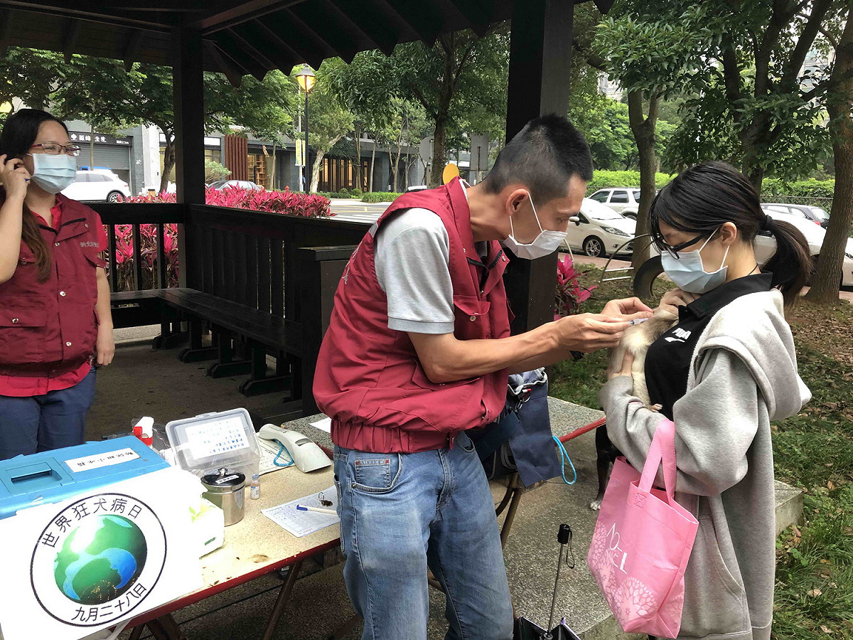 新北動保處每年舉行寵物狂犬病疫苗巡迴注射活動，圖為林口區立行公園場次活動情形。  圖：新北市動保處提供
