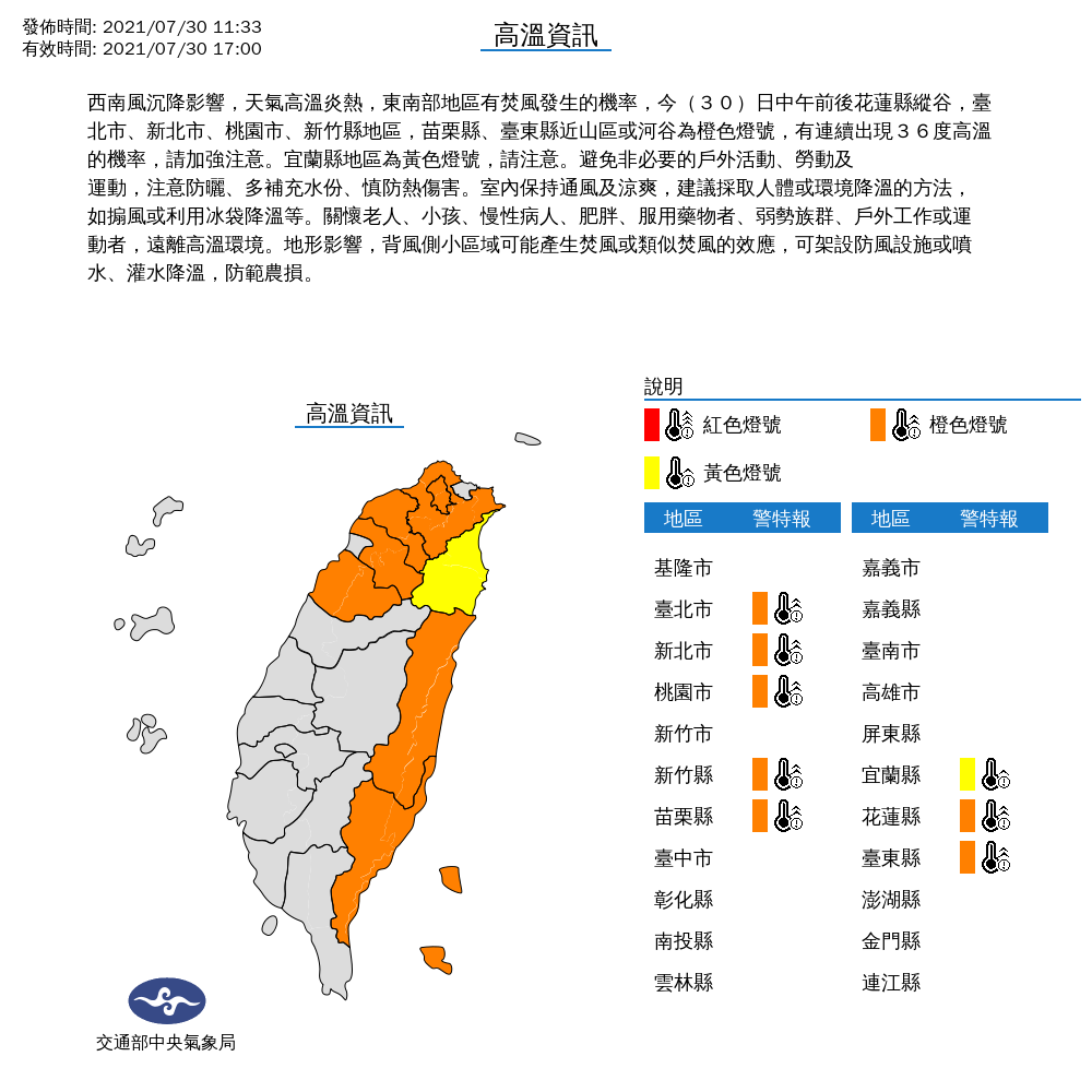 由於西南風沉降影響，氣象局對8縣市發布高溫特報。 圖：中央氣象局／提供