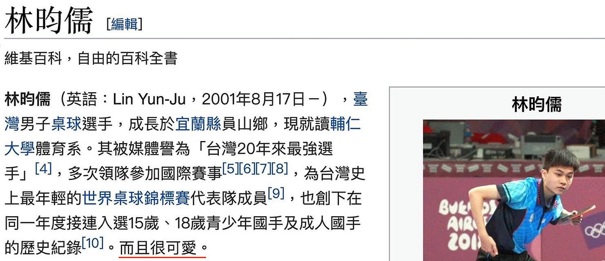 林昀儒的介紹被多次改動，加入「可愛」等字眼。 圖：翻攝自維基百科