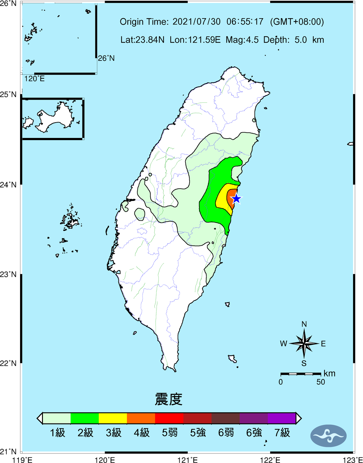 花蓮昨晚至今晨發生3起地震(圖為今晨6:55地震震度圖)。 圖：中央氣象局／提供