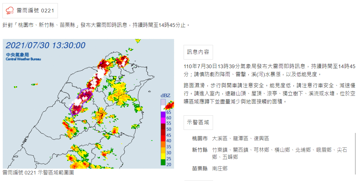 另外，氣象局也對桃園市、新竹縣、苗栗縣發布大雷雨即時訊息，持續時間至14時45分止。 圖：中央氣象局／提供