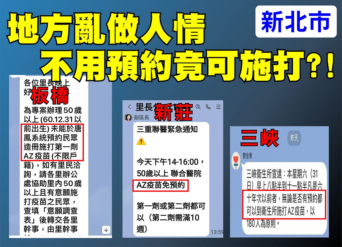 民進黨團指控，地方政府不用預約就能施打疫苗。 圖：民進黨團提供