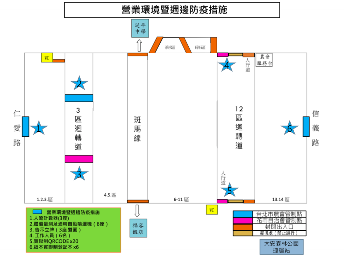 臺北市建國假日花市目前僅開放六個出入口進出，維持花市內民眾的容流量。 圖：台北市產業發展局提供