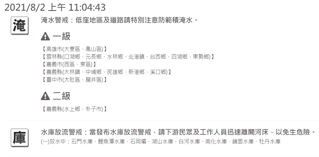 水利署對雲林縣、嘉義縣市、台中市、高雄市，共18行政區發布一級淹水警戒。 圖：擷取自水利署網站