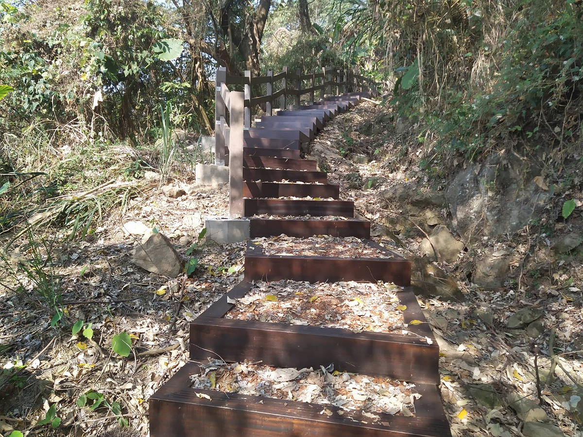 太平區酒桶山登山步道設置透水原木格框階梯完工。 台中市政府觀旅局/提供