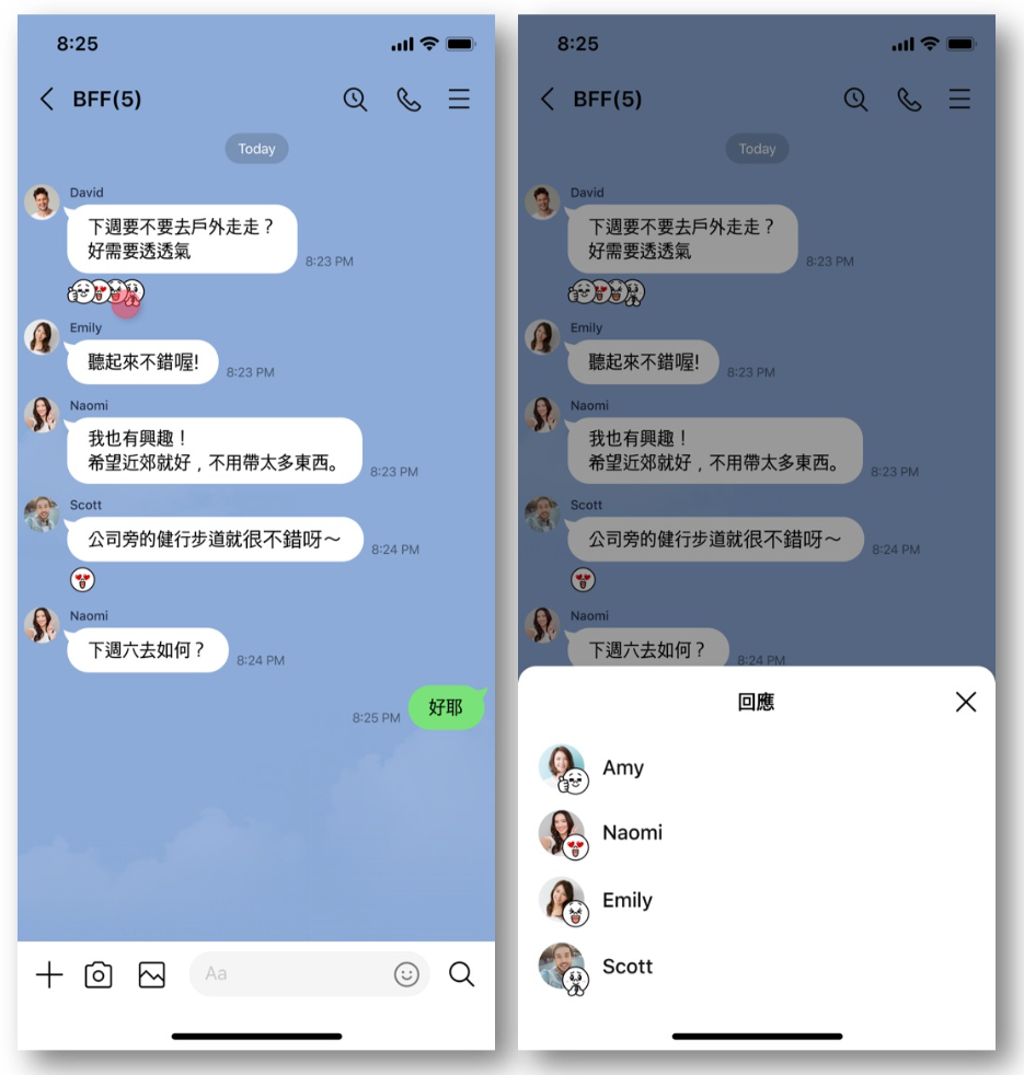 只要輕點對話框下方的表情符號，即可看到其他人的回應。 圖：LINE／提供