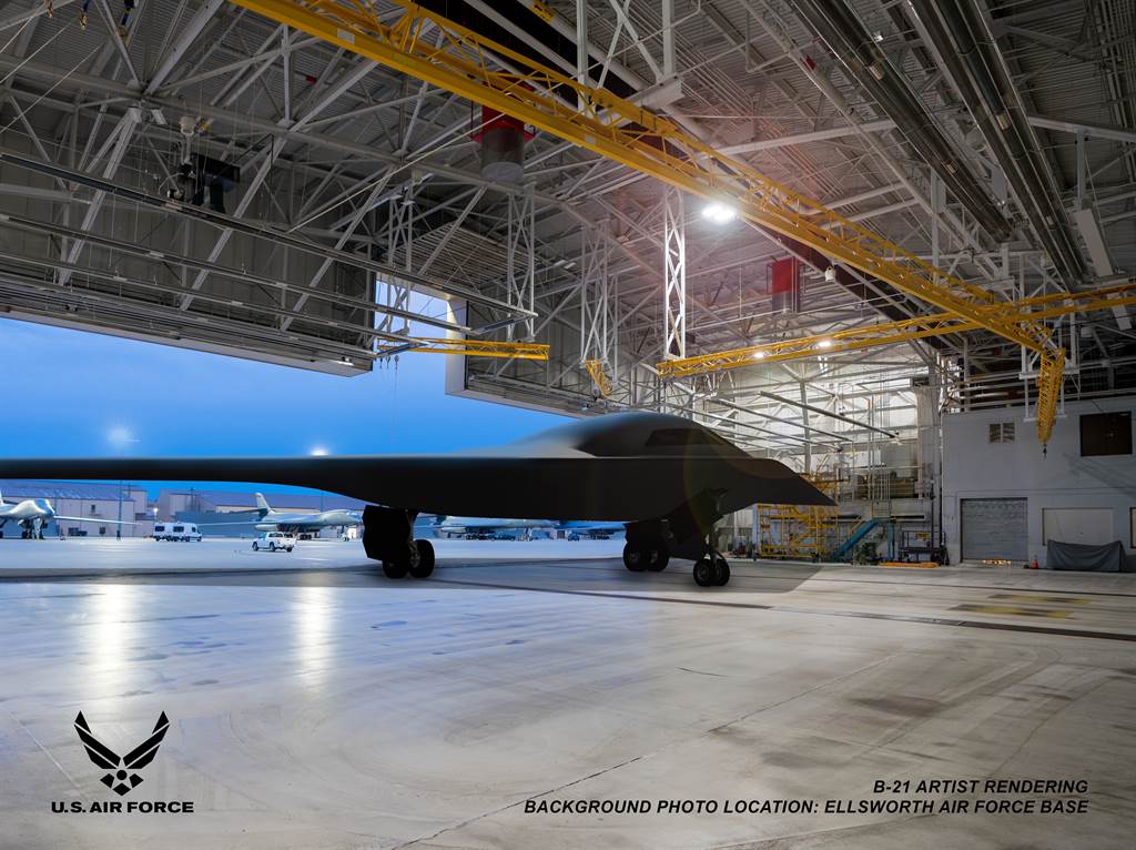 B-21「突襲者」在南達科他州艾爾沃斯空軍基地飛機庫的示意電腦效果圖。 圖：翻攝美國空軍官網