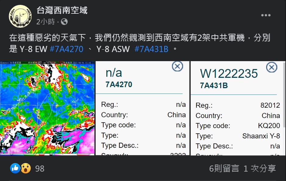 《台灣西南空域》臉書粉專揭露，今天有2架解放軍「運8」機疑似侵擾西南空域。 圖：翻攝台灣西南空域臉書