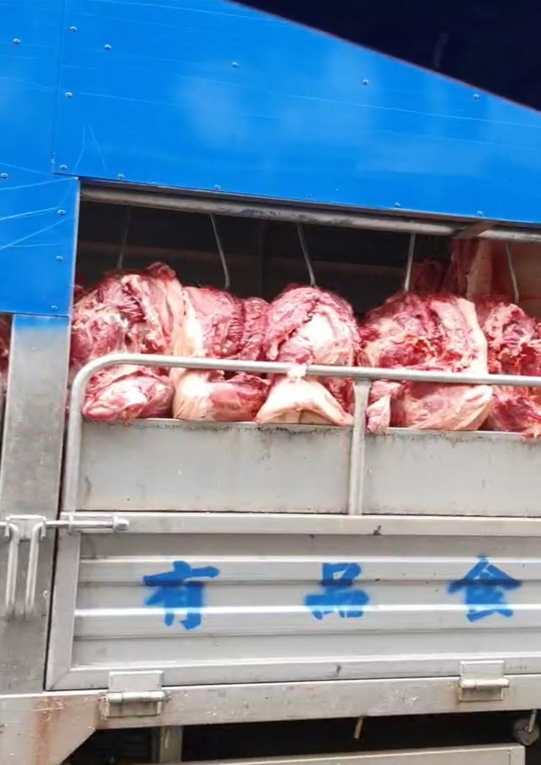 民眾提供在台中街頭拍到的畫面，生豬肉就掛在車斗內，把沿街的廢氣吸飽滿。 市議員林祈烽/提供