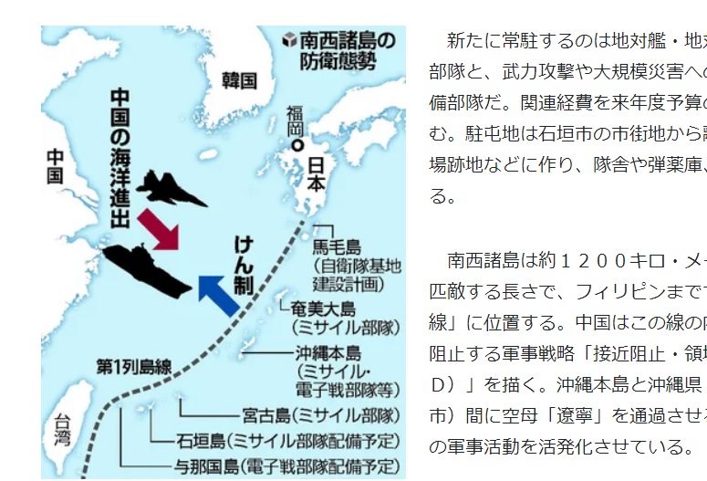 石坦島如果部署導彈部隊，將讓第一島鏈更加牢不可破，該島鍊北起日本九州，往西南延伸至台灣。 圖：翻攝自日本《讀賣新聞》