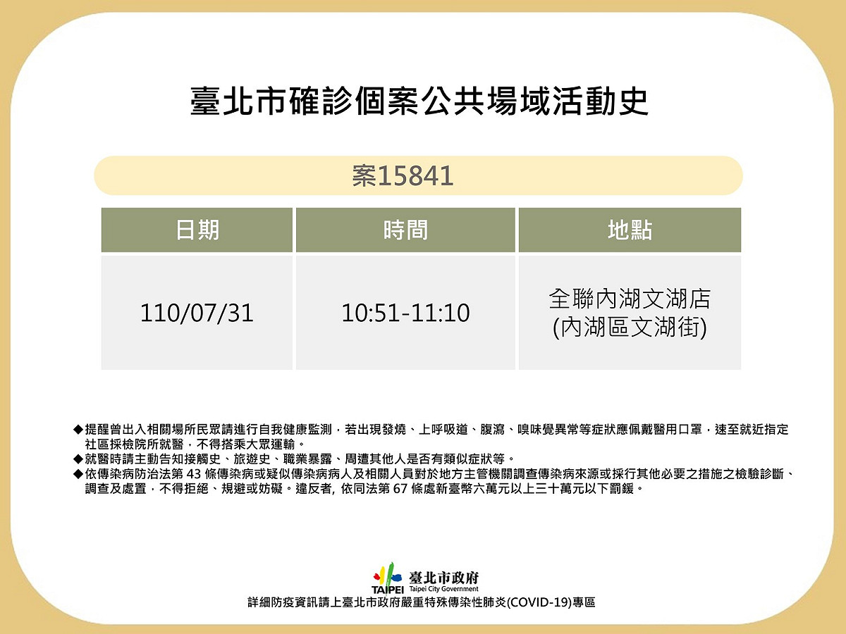 台北市公布確診足跡。 圖：台北市政府 / 提供