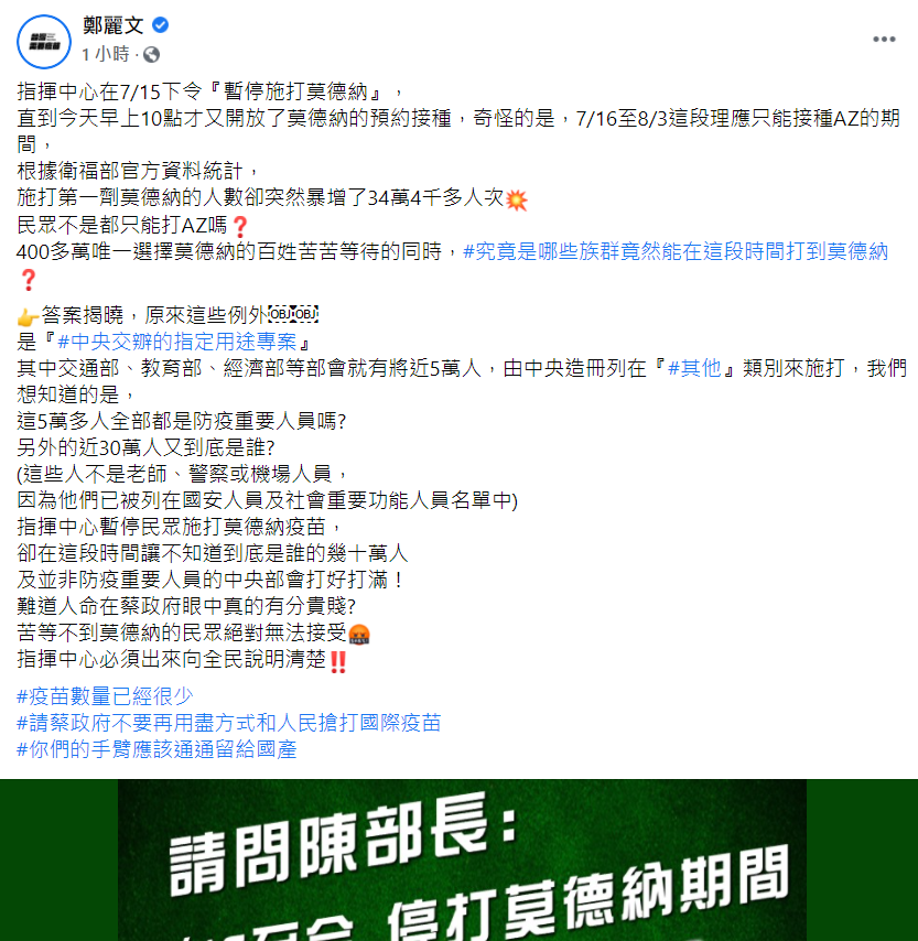 鄭麗文在臉書表示，當400多萬唯一選擇莫德納的民眾苦苦等待時，交通部、教育部、經濟部等部會有將近5萬人，被政府歸類在「其他」類別施打莫德納。 圖：翻攝自鄭麗文臉書