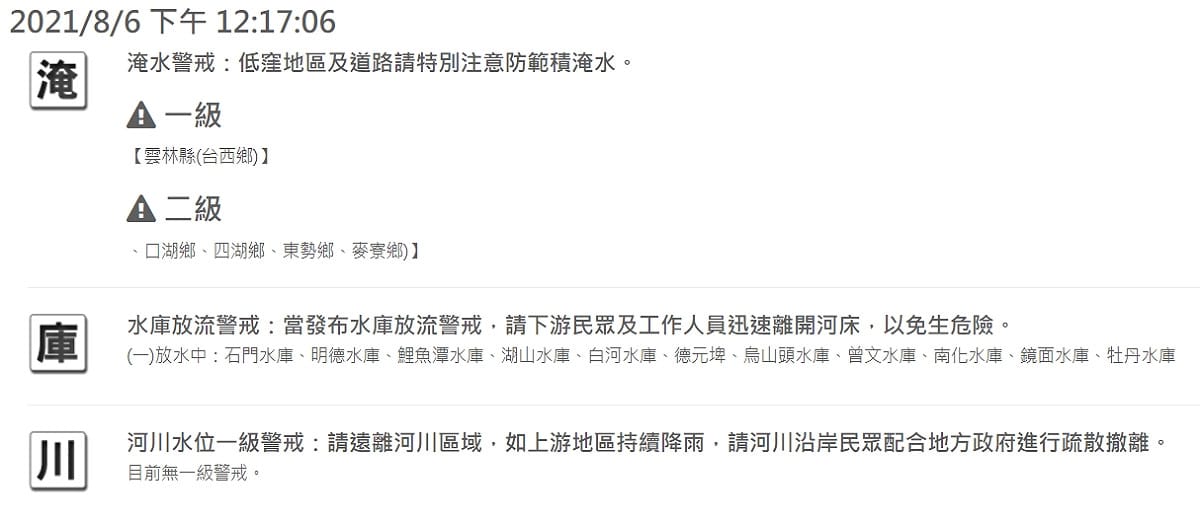水利署對雲林縣5個鄉發布淹水警戒。 圖：擷取自水利署網站