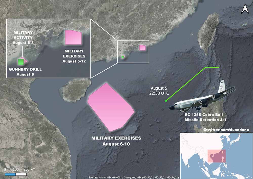 越南軍事記者「Duan Dang」指RC-135S電偵機5日即到該海域偵察；同時今天中國在南海周邊共有4場軍演同時進行中。 圖：翻攝Duan Dang推特