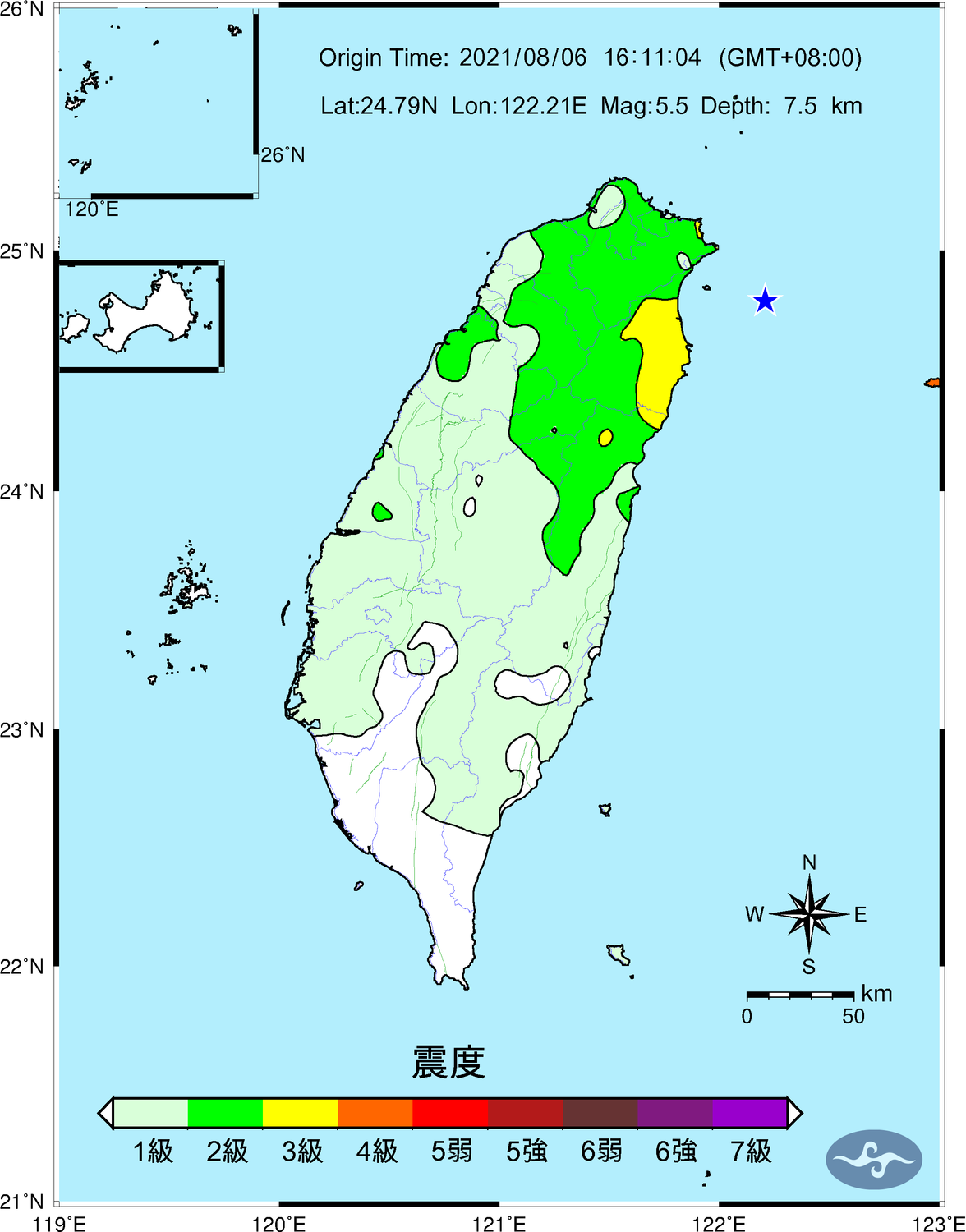 今日下午16:11發生規模5.5地震，氣象局表示，該地震為昨日規模6.1地震之餘震（圖為地震震度圖）。 圖：中央氣象局／提供