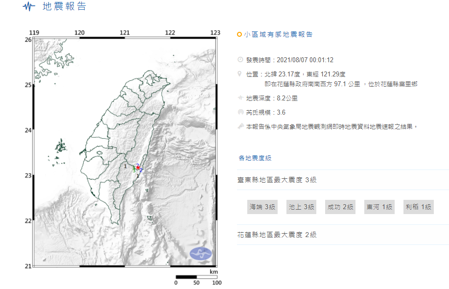 根據中央氣象局最新資訊，7日0時1分發生芮氏規模3.6地震。 圖：氣象局提供