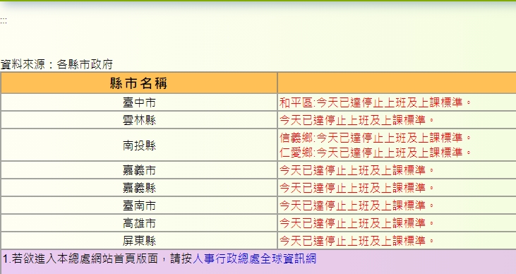 8月7日停班課縣市 圖/行政院人事行政總處