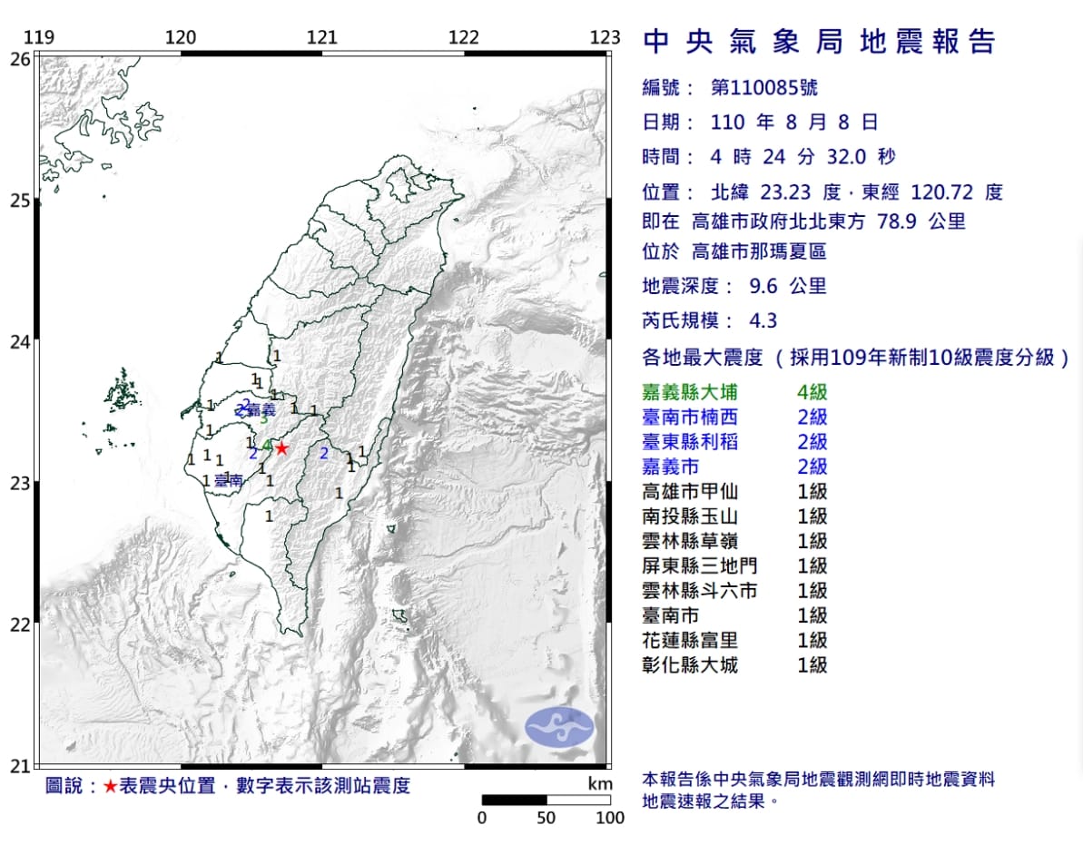 今天清晨4時24分發生芮氏規模4.3地震，地震深度9.6公里，震央位於高雄市那瑪夏區。 圖/氣象局