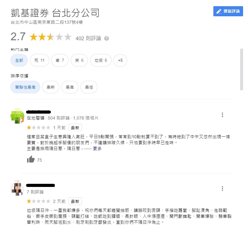 凱基台北的Google評論出現大量一星負評 圖:翻攝自GOOGLE