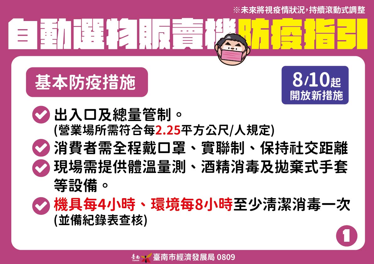 台南市政府公布8月10日起實施的選物販賣機防疫新規範。 圖：台南市政府提供