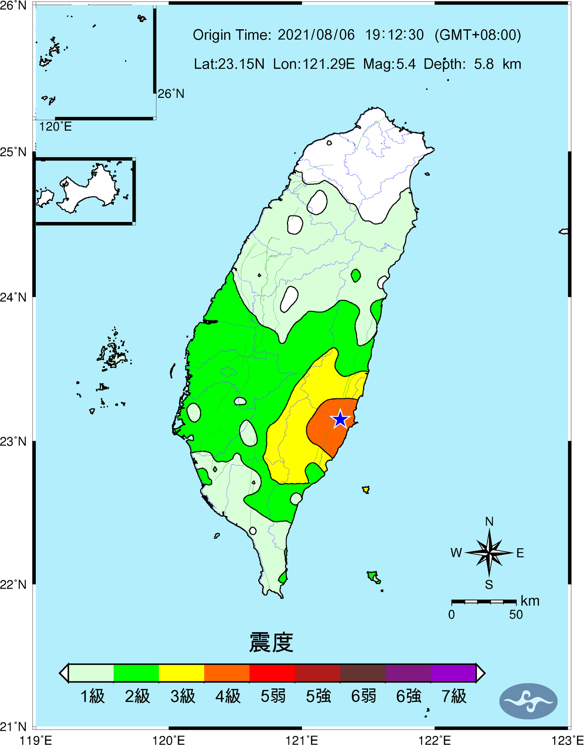 網路流傳花蓮8/15將發生規模7.7強震，中央氣象局澄清，目前科學仍無法進行地震預測（圖為8/6花蓮規模5.4地震震度圖)。 圖：中央氣象局／提供