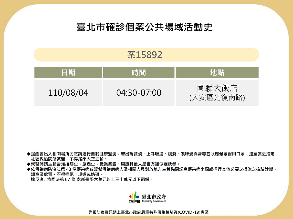 台北市公布個案足跡。 圖：台北市政府 / 提供
