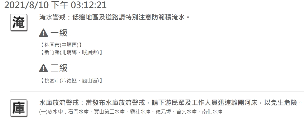 水利署對桃園、新竹5個行政區發布淹水警戒。 圖：擷取自水利署網站