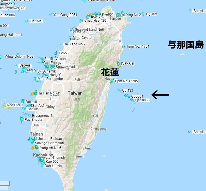 日本網友「やんずJAPAN」推特顯示，台灣海巡署所屬「安平艦(CG601)」、「嘉義艦(CG5001)」和「台東艦(CG133)」10日都「集中」在花蓮外海進行操演。 圖：翻攝やんずJAPAN推特