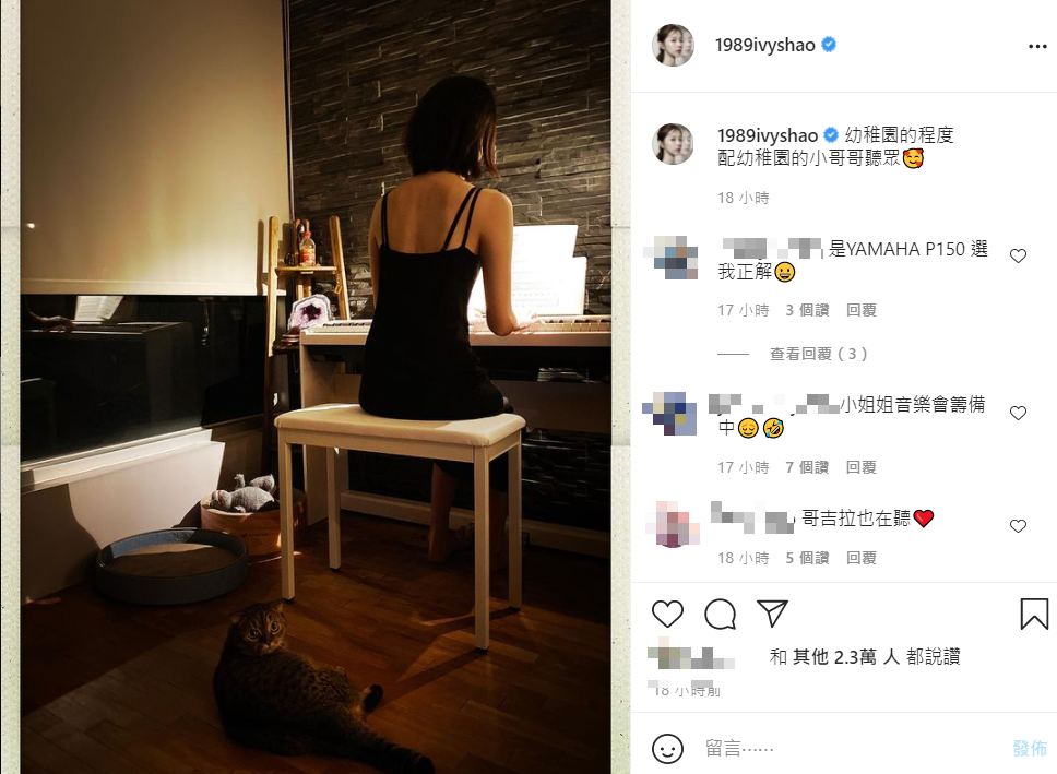 邵雨薇在臉書和IG同步PO出一張彈琴背影照，寫下「幼稚園的程度，配幼稚園的小哥哥聽眾」。 圖：翻攝自IG/1989ivyshao