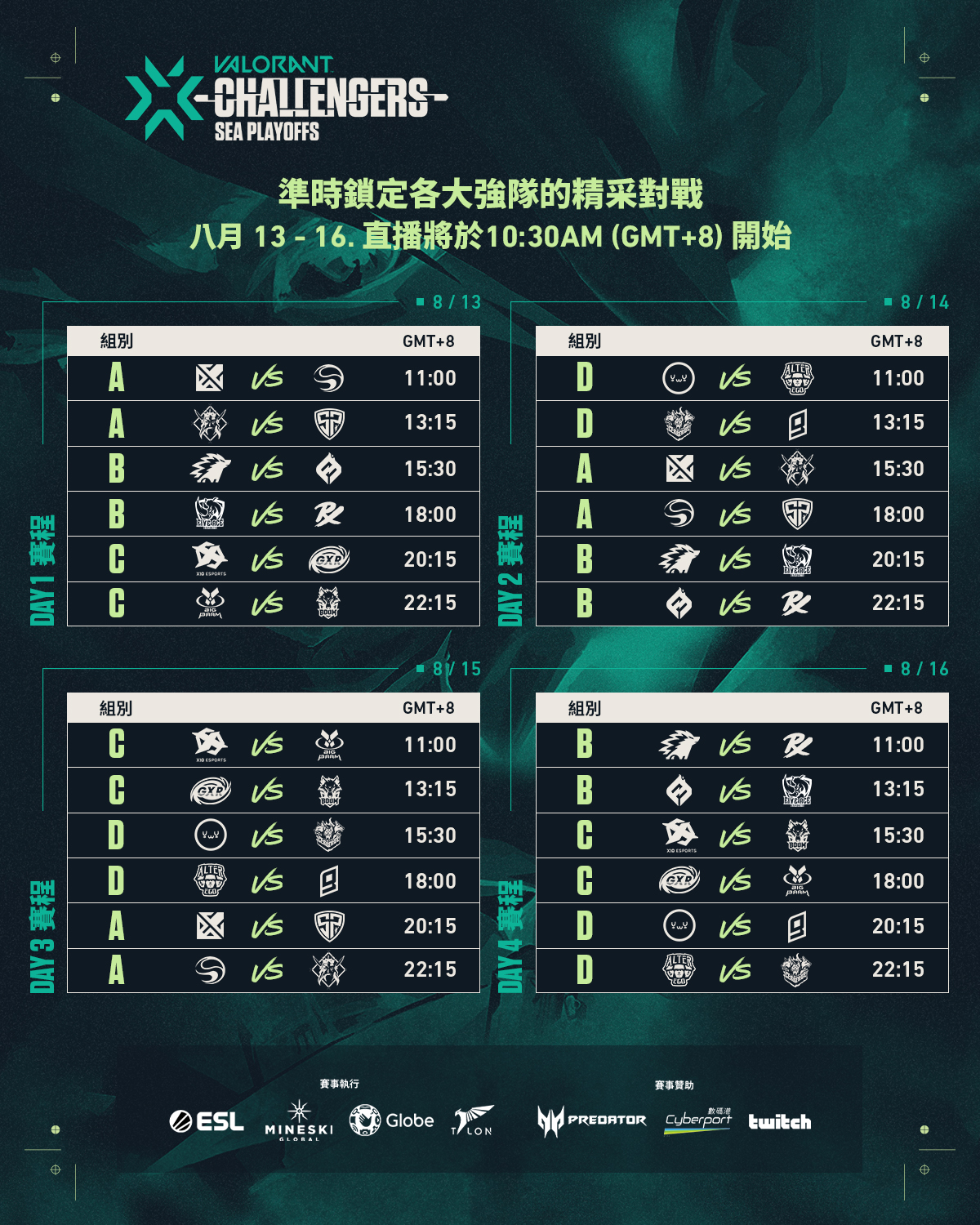 8月13日至8月16日第一週小組賽賽程表。 圖：VCT/提供