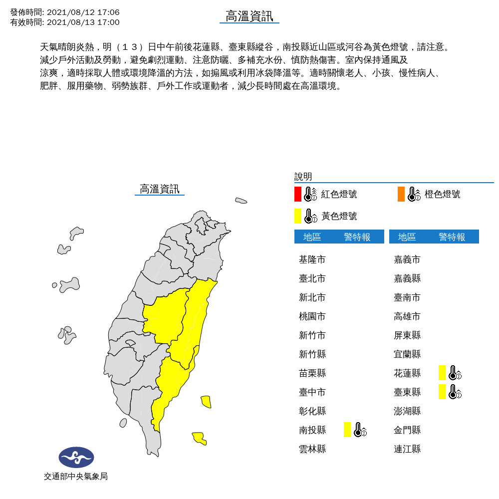 天氣晴朗炎熱，今天中午前後，花蓮縣、台東縣縱谷，南投縣近山區或河谷亮起高溫黃色燈號，請注意。 圖：中央氣象局/提供