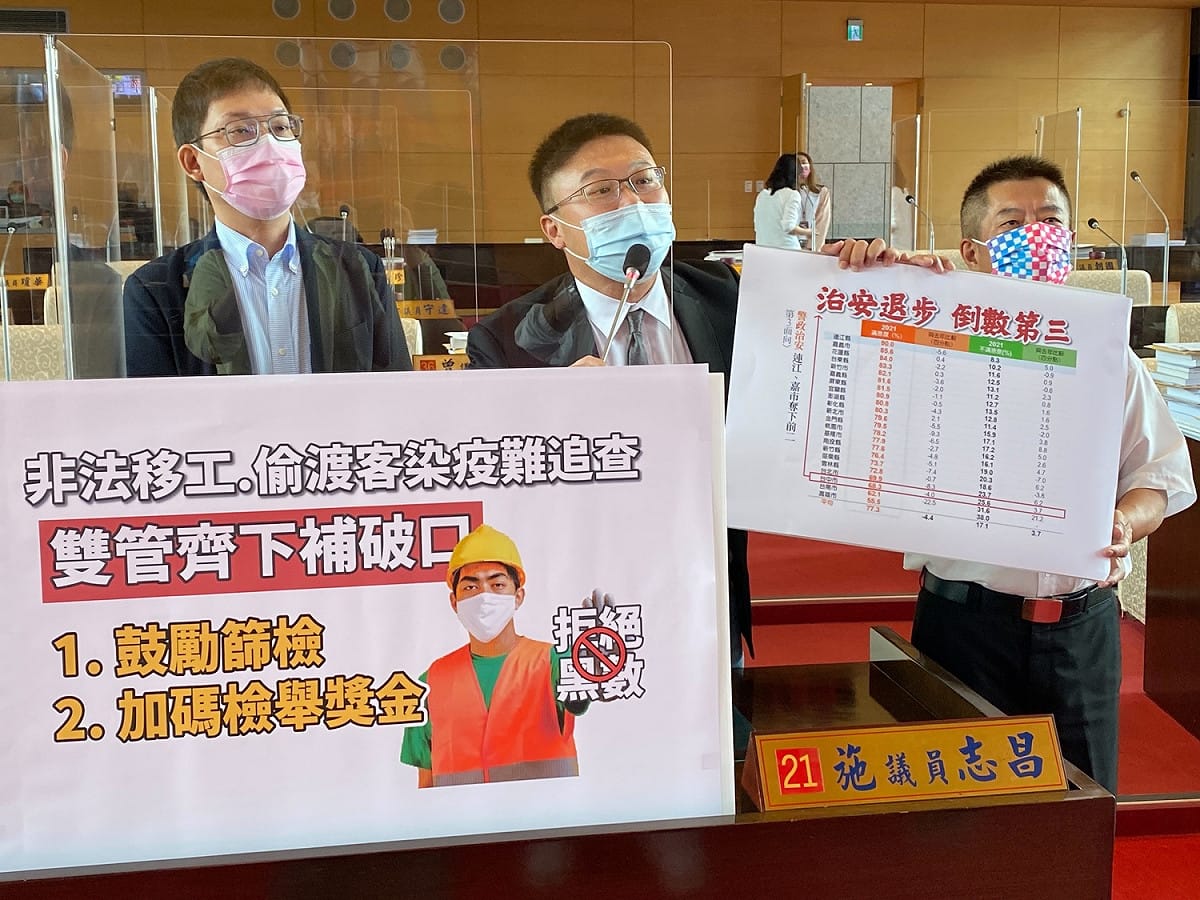 民進黨市議員施志昌、鄭功進與林祈烽指出，根據遠見雜誌針對全台縣市首長滿意度調查，台中市在治安面向的滿意度退步4分，成為全台倒數第三。 台中市議員施志昌/提供